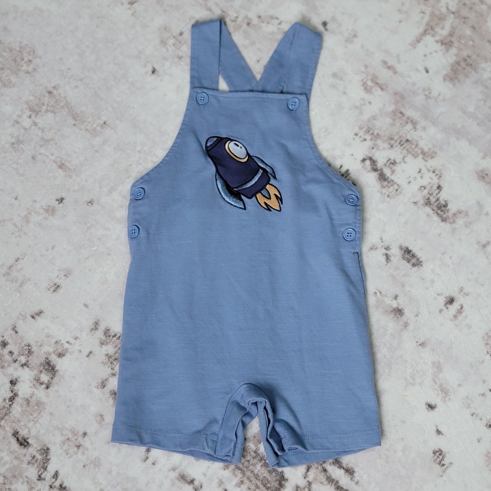 Pekkle Baby Boy Rocket Ship Overalls Romper Blue Knit One Piece 24M Summer